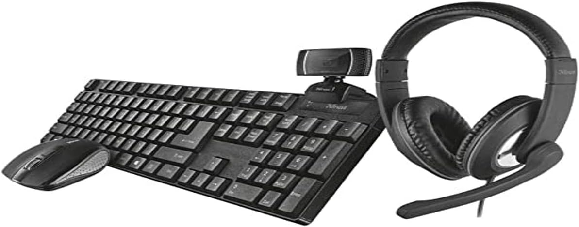 Trust Set 4-in-1 Home Office Qoby, Tastiera Wireless Layout Italiano QWERTY, Mouse Wireless, Webcam HD, Cuffie Over-Ear,